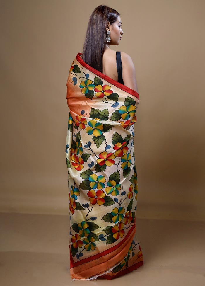 Orange Printed Pure Silk Saree Without Blouse Piece