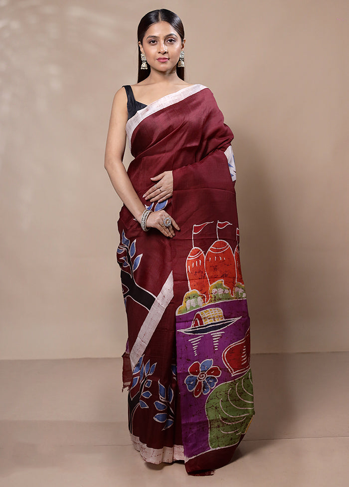 Maroon Printed Silk Saree Without Blouse Piece