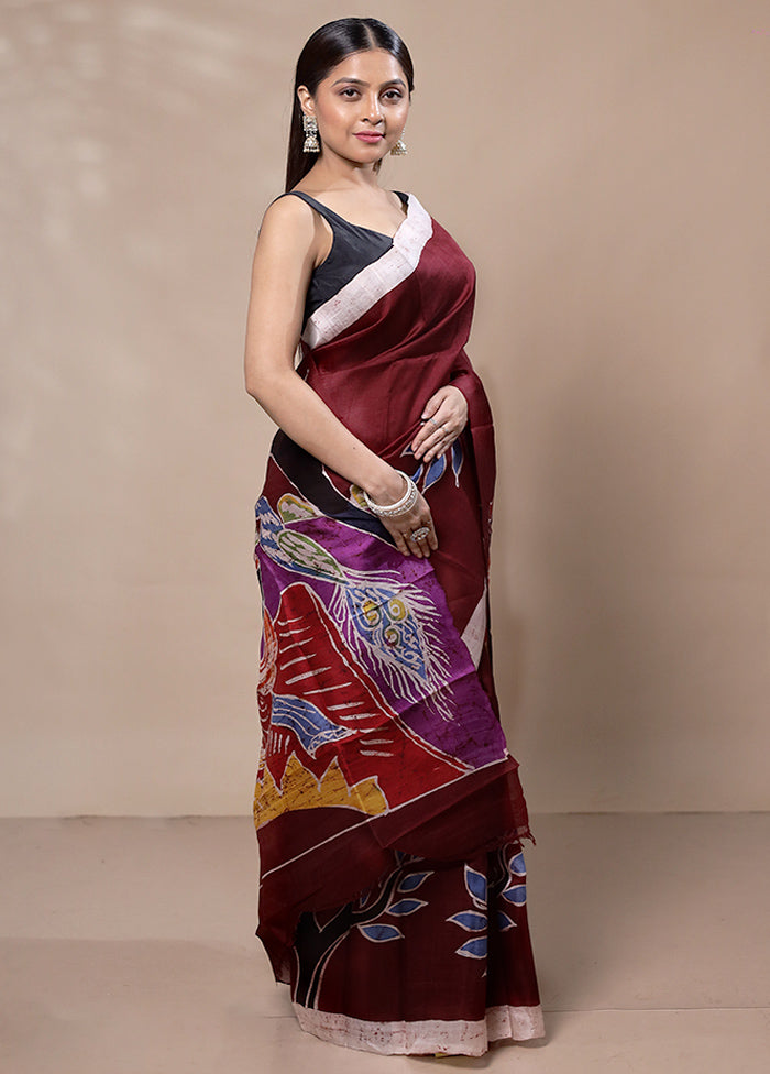 Maroon Printed Silk Saree Without Blouse Piece