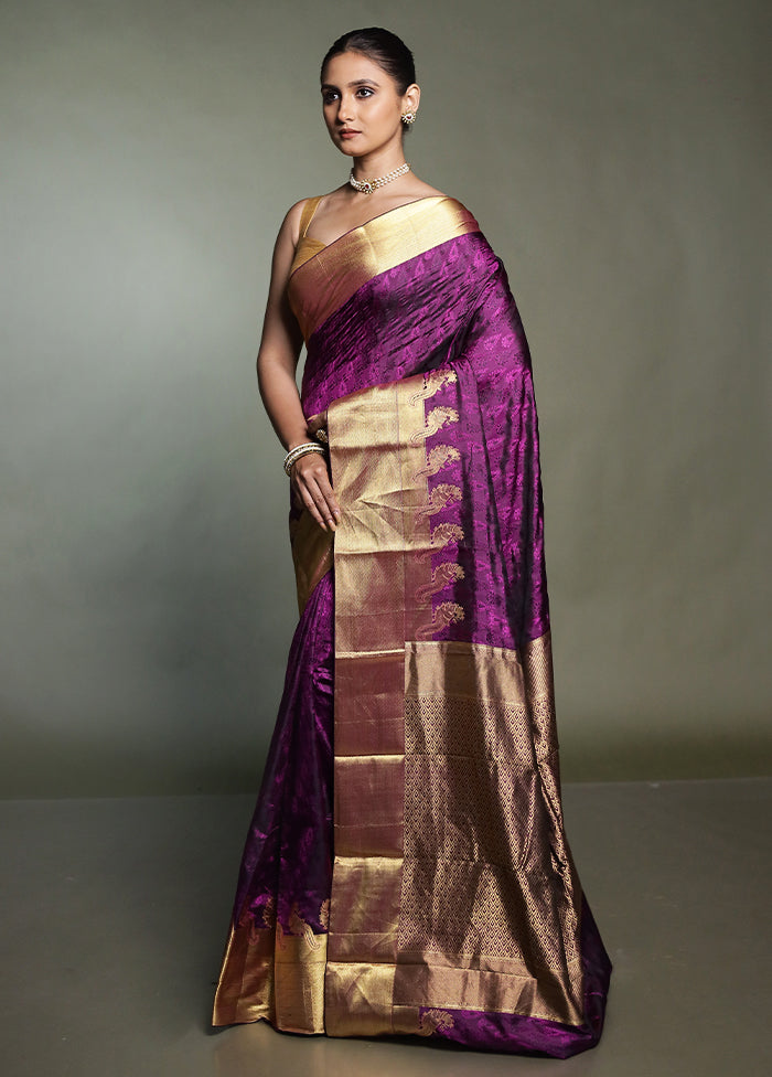 Purple Handloom Kanjivaram Pure Silk Saree With Blouse Piece
