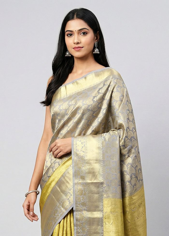 Gold Handloom Kanchipuram Pure Silk Saree With Blouse Piece