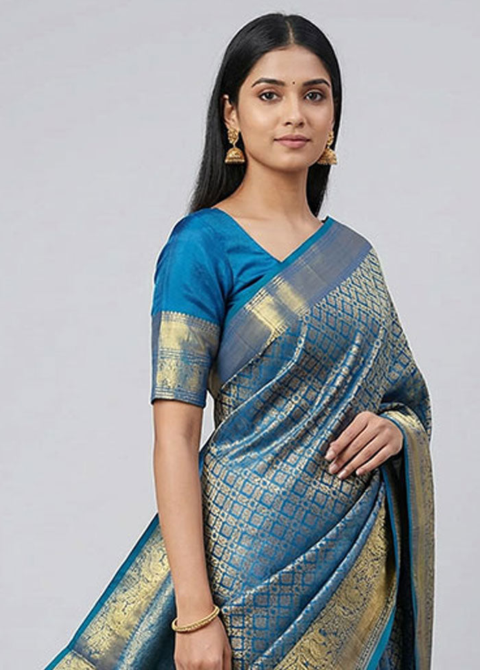Blue Handloom Kanchipuram Pure Silk Saree With Blouse Piece