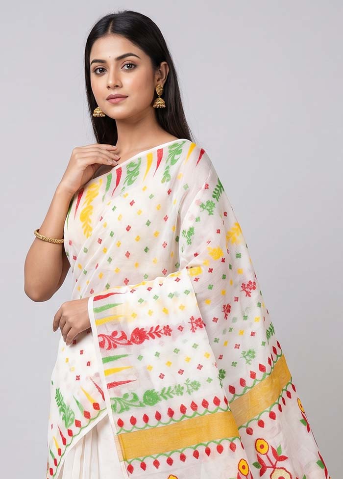 White Jamdani Cotton Saree Without Blouse Piece
