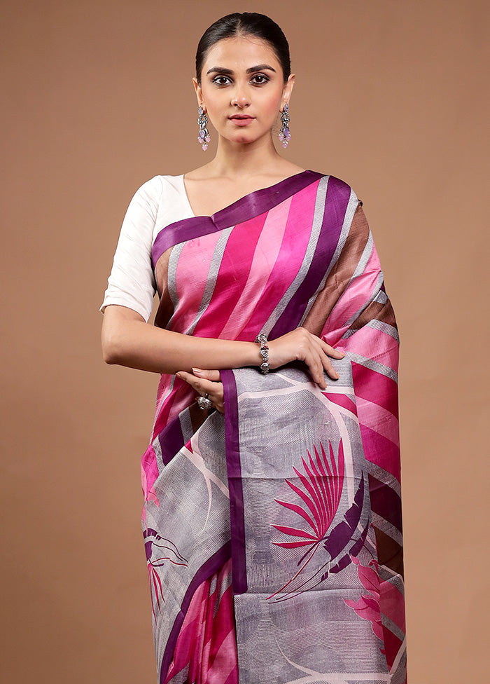 Pink Printed Silk Saree Without Blouse Piece