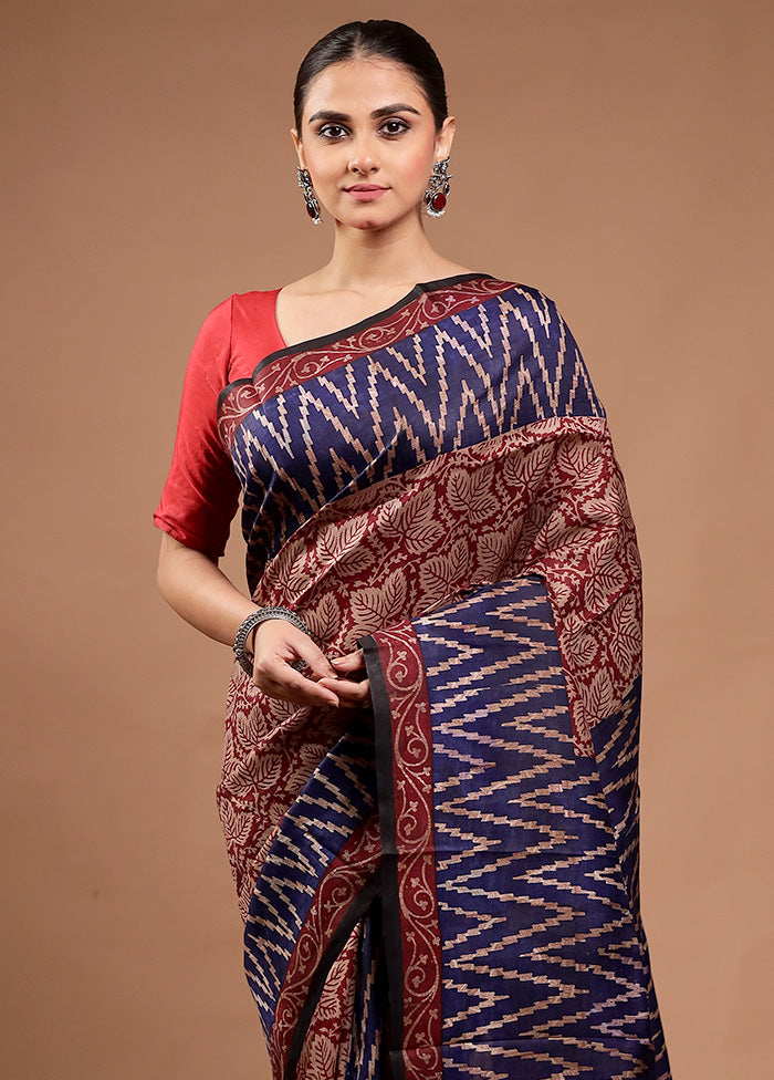 Blue Printed Silk Saree Without Blouse Piece