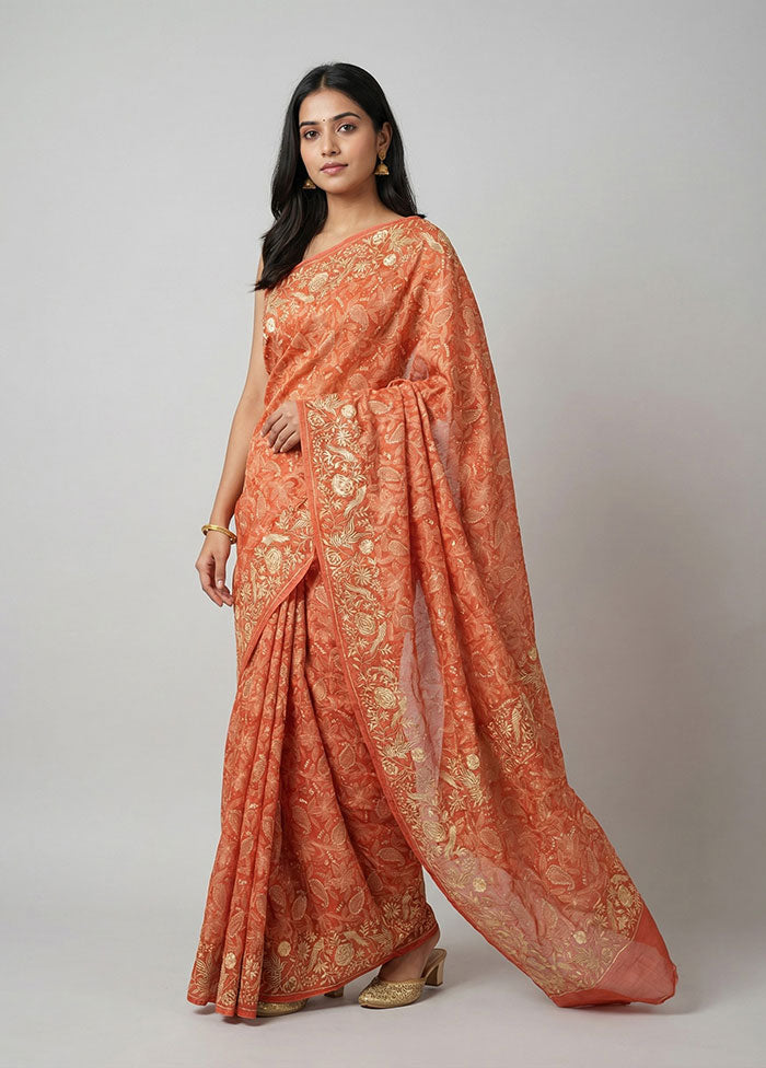Red Handloom Tussar Pure Silk Saree With Blouse Piece