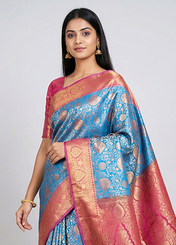 Blue Kanjivaram Silk Saree With Blouse Piece