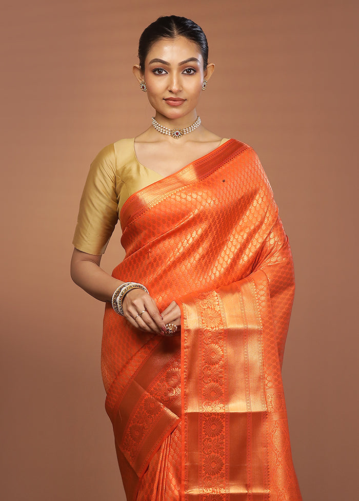 Orange Kanjivaram Silk Saree With Blouse Piece