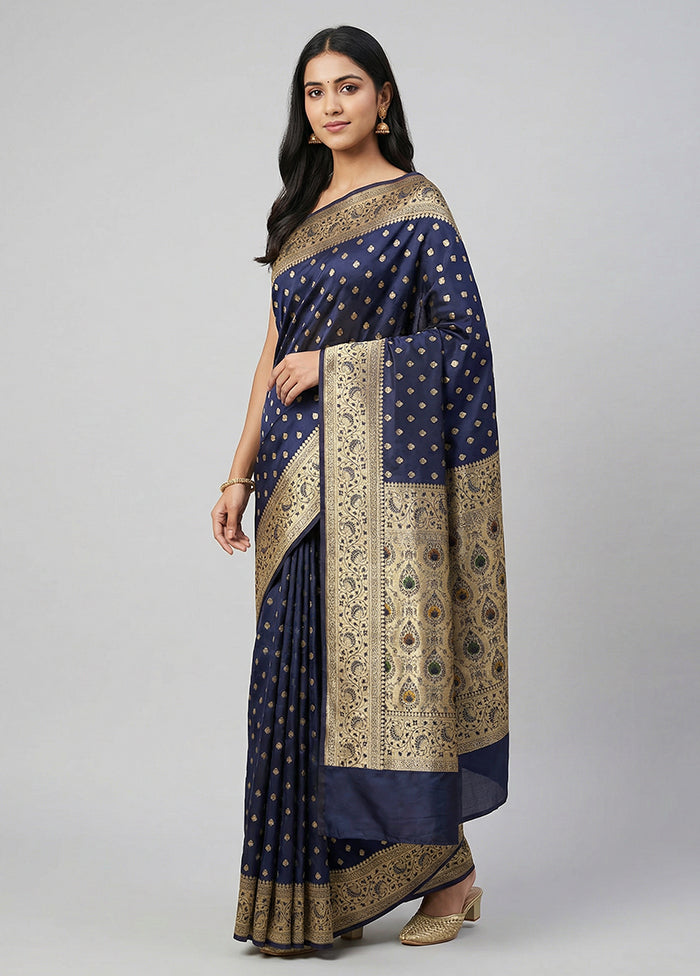 Blue Banarasi Silk Saree With Blouse Piece