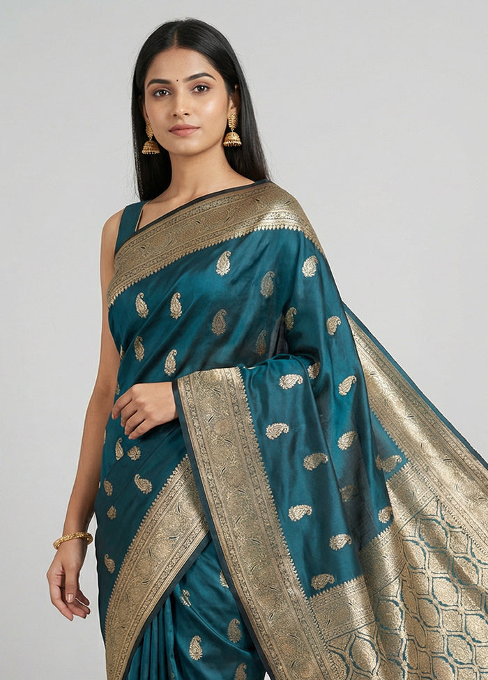 Blue Banarasi Silk Saree With Blouse Piece