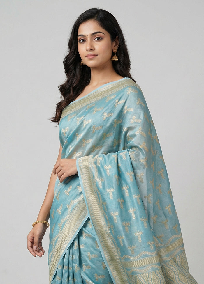 Blue Tissue Silk Saree With Blouse Piece