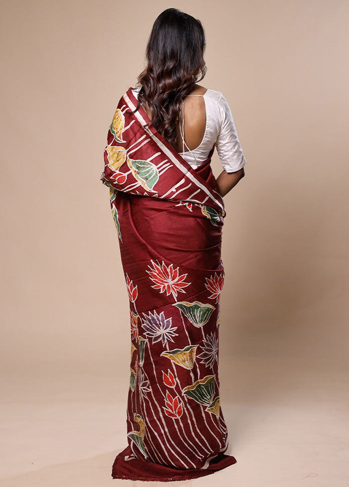 Maroon Printed Pure Silk Saree Without Blouse Piece