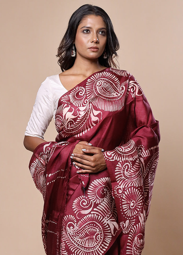 Maroon Printed Silk Saree Without Blouse Piece