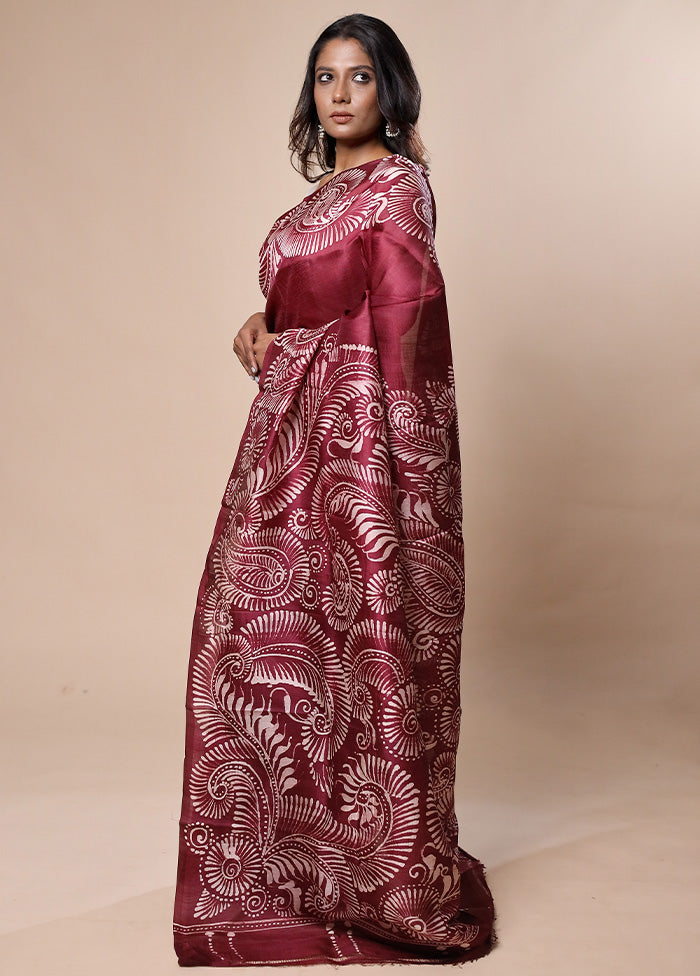 Maroon Printed Silk Saree Without Blouse Piece