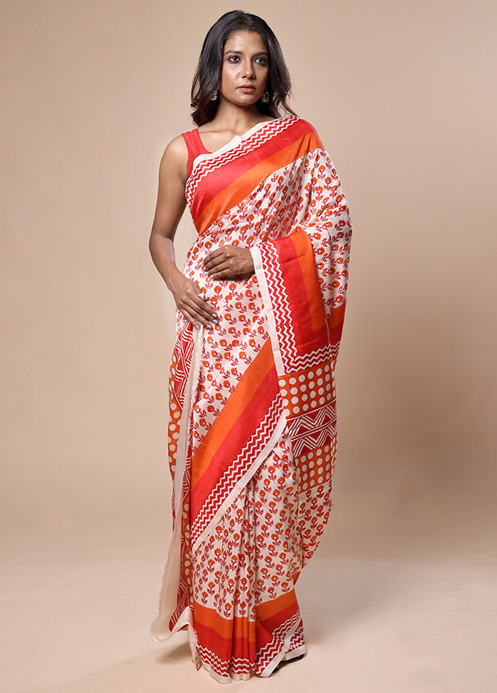 White Printed Silk Saree Without Blouse Piece