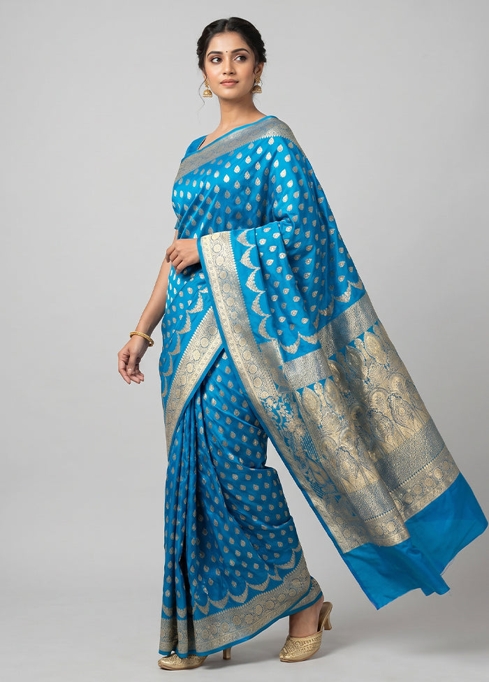 Blue Banarasi Silk Saree With Blouse Piece