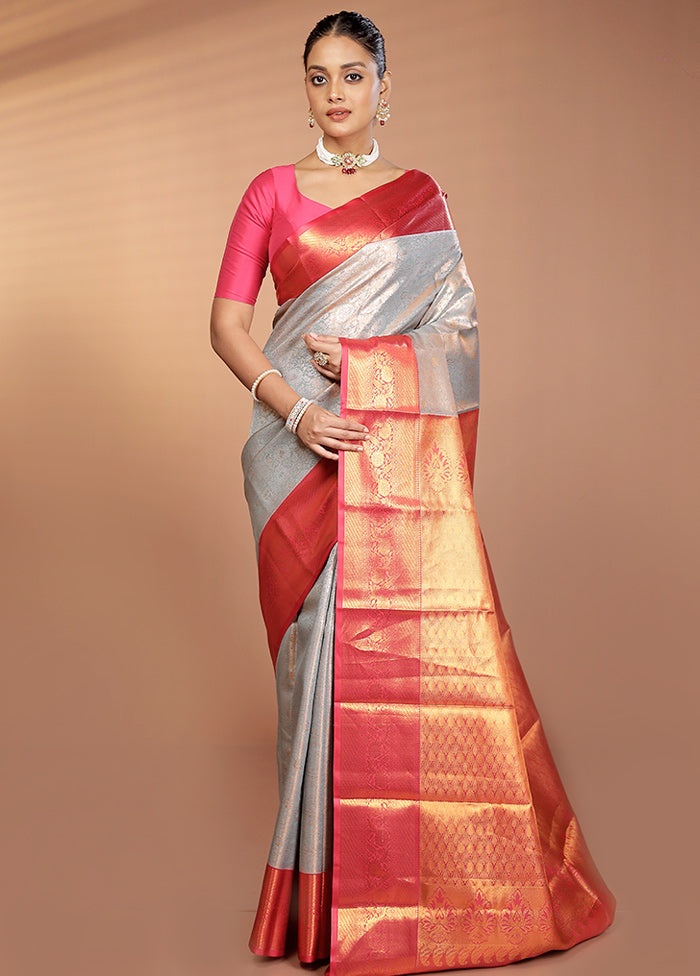 Grey Kanjivaram Silk Saree With Blouse Piece