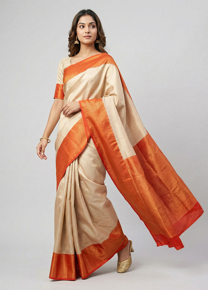 Cream Handloom Kanchipuram Pure Silk Saree With Blouse Piece