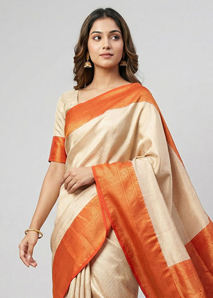 Cream Handloom Kanchipuram Pure Silk Saree With Blouse Piece