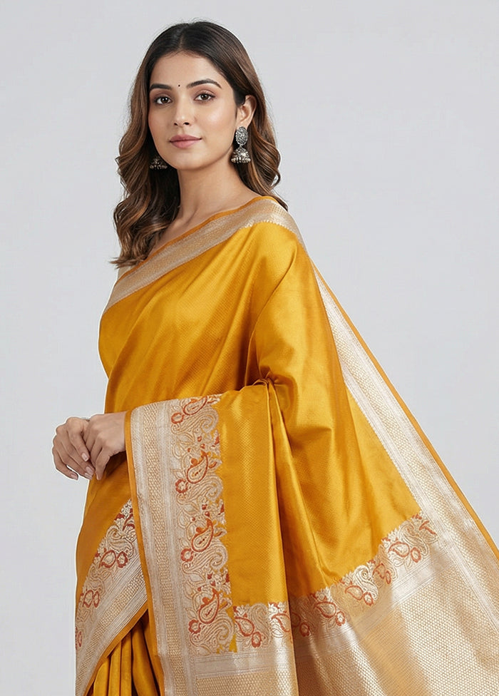 Yellow Handloom Banarasi Pure Silk Saree With Blouse Piece