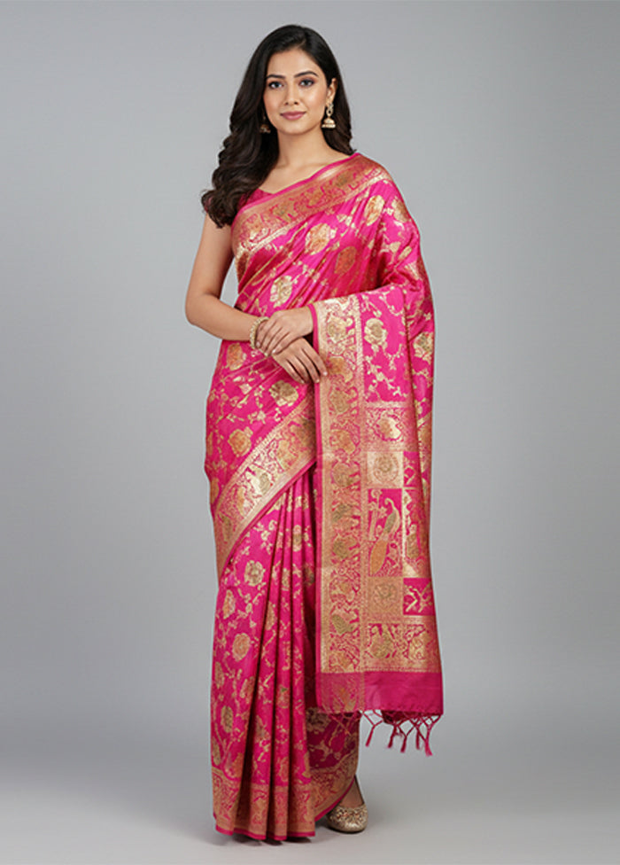 Pink Handloom Banarasi Pure Silk Saree With Blouse Piece