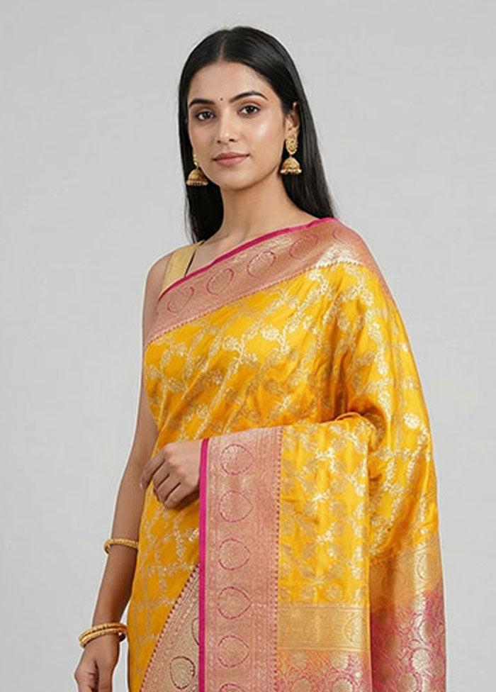 Yellow Handloom Banarasi Pure Silk Saree With Blouse Piece