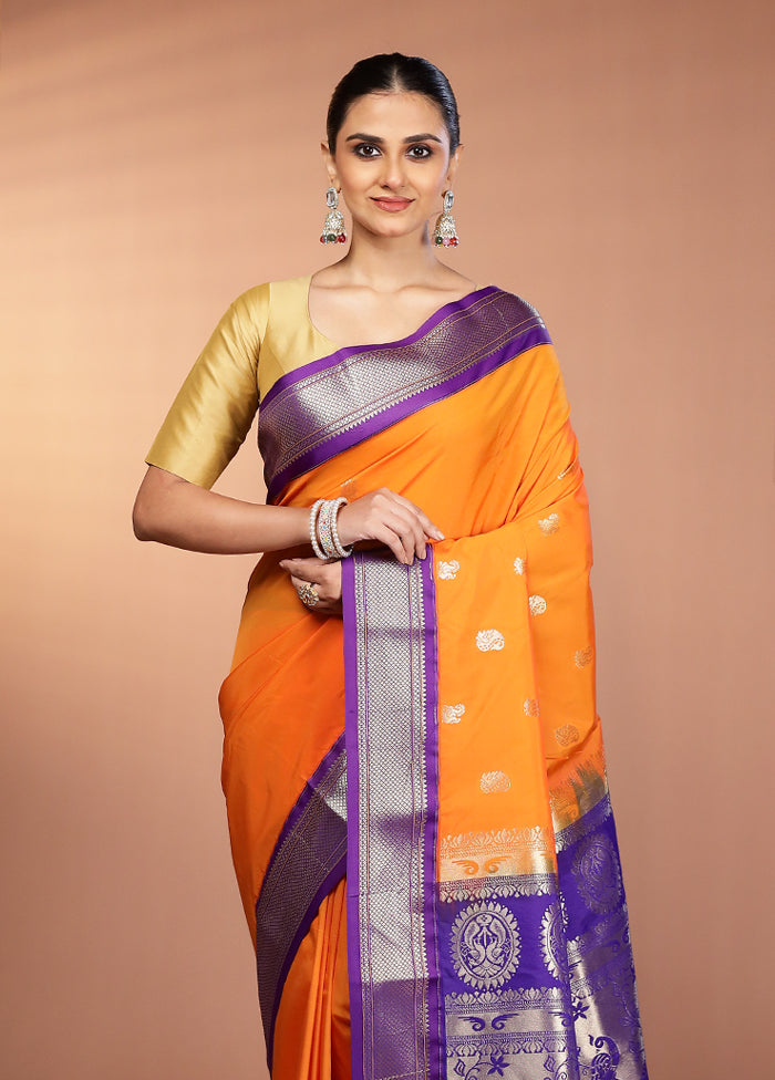 Orange Kanjivaram Silk Saree With Blouse Piece