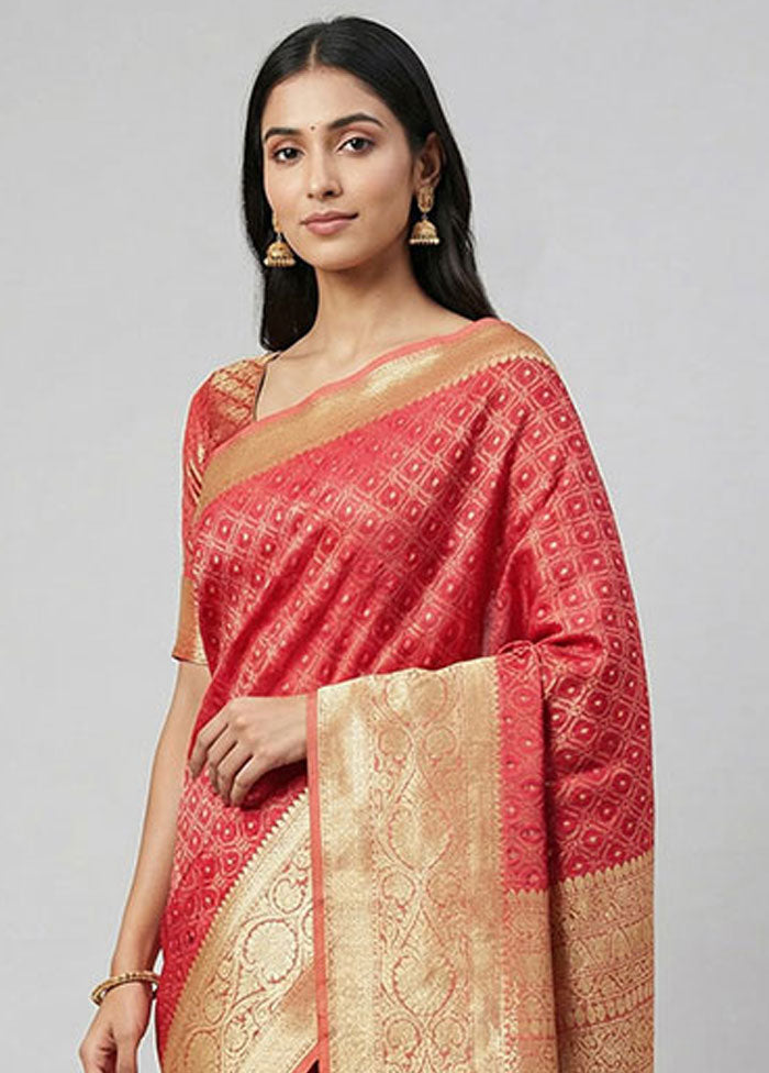 Pink Handloom Tanchoi Pure Silk Saree With Blouse Piece
