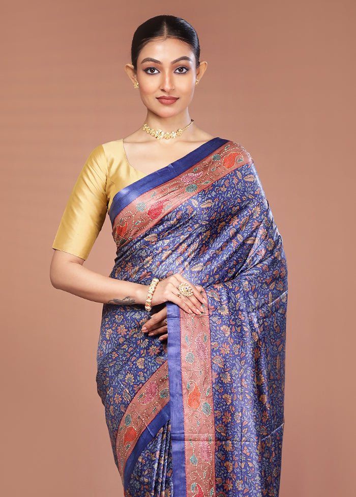 Blue Handloom Tussar Pure Silk Saree With Blouse Piece