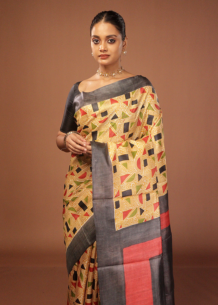 Yellow Handloom Tussar Silk Saree With Blouse Piece