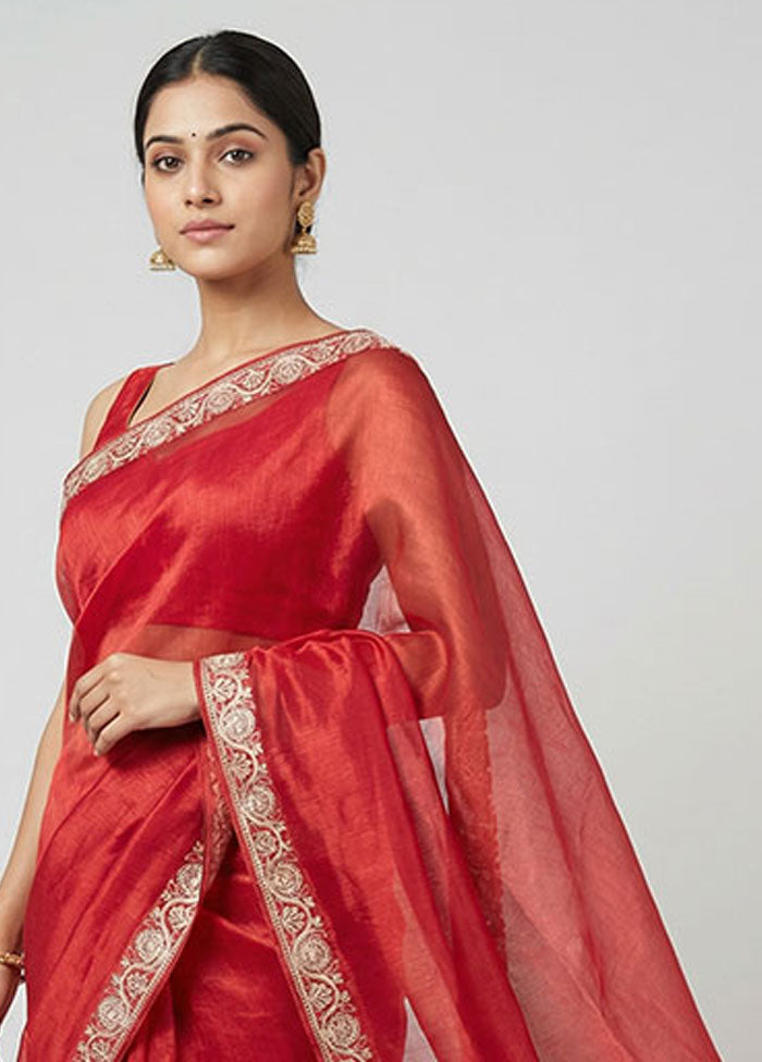 Maroon Tissue Silk Saree With Blouse Piece