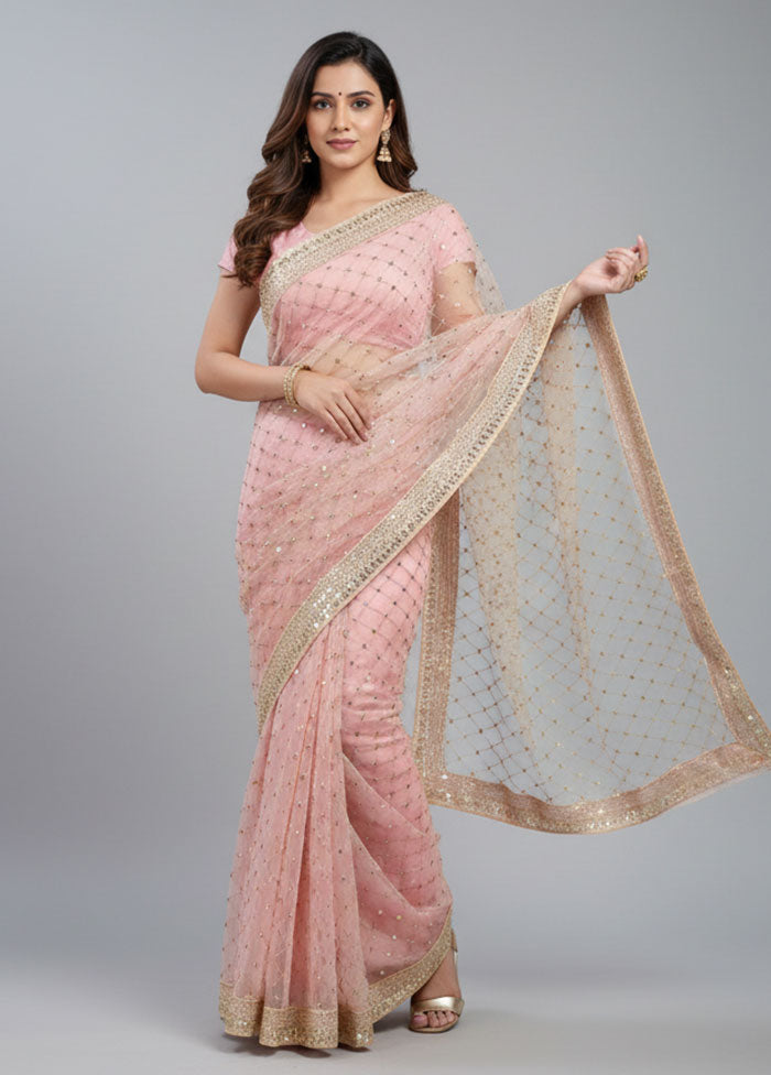 Pink Net Saree With Blouse Piece