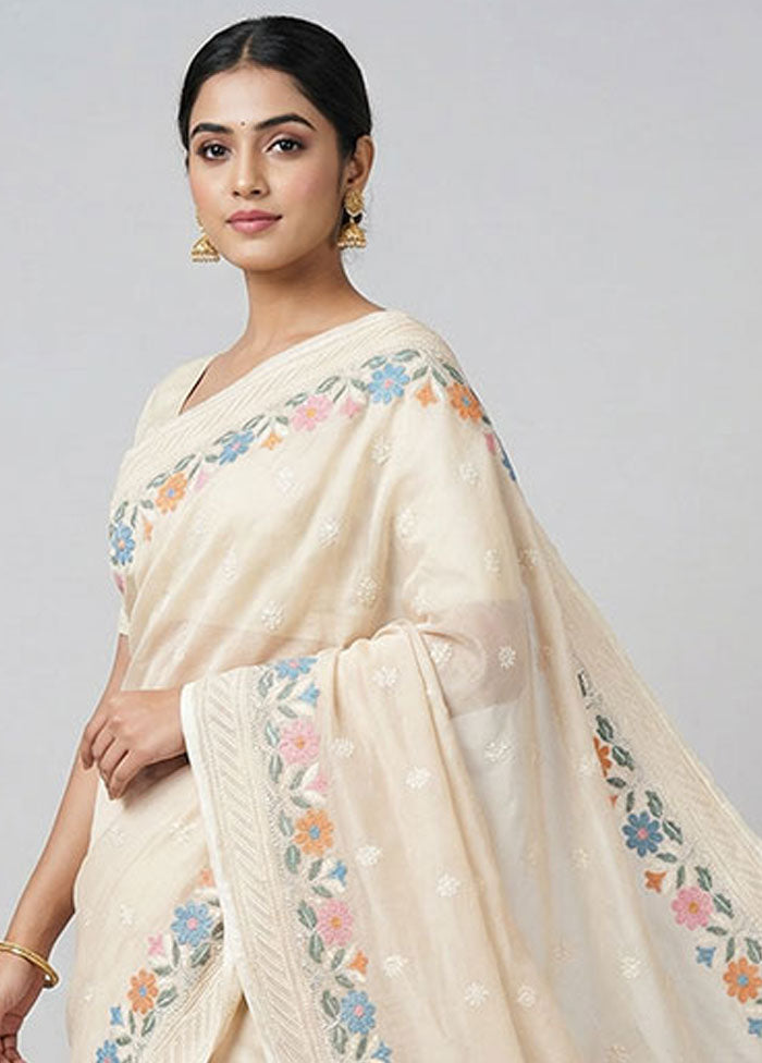 Cream Organza Saree With Blouse Piece