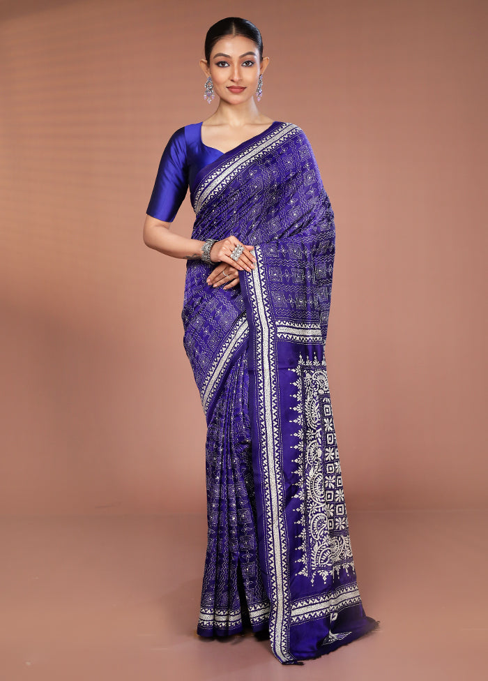 Blue Handloom Kantha Stitch Pure Silk Saree With Blouse Piece