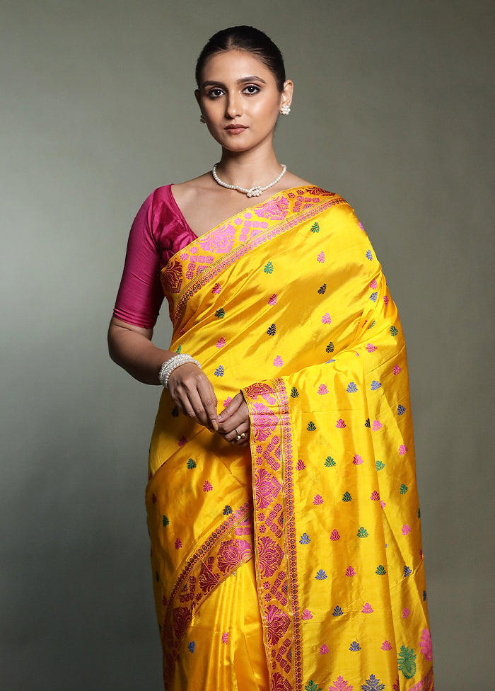 Yellow Handloom Assam Pure Silk Saree With Blouse Piece