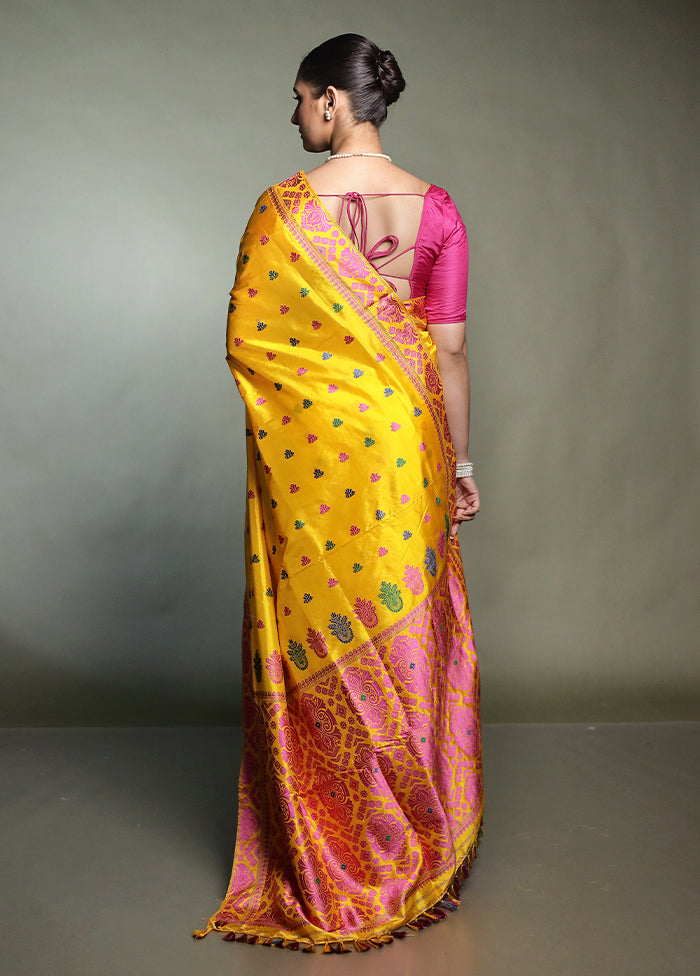 Yellow Handloom Assam Pure Silk Saree With Blouse Piece