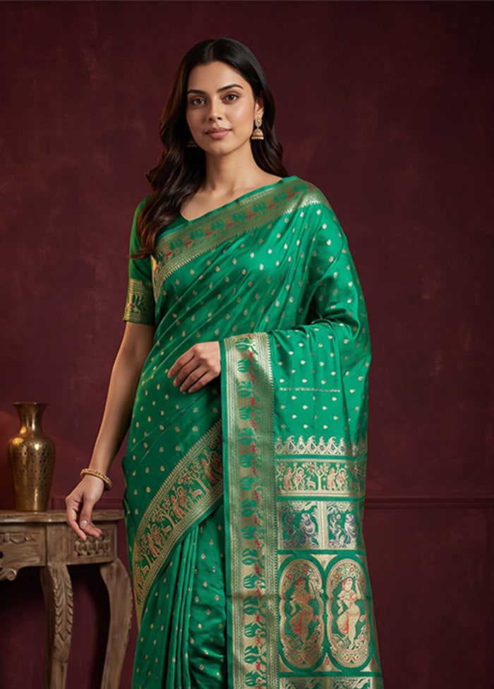 Green Handloom Baluchari Pure Silk Saree With Blouse Piece