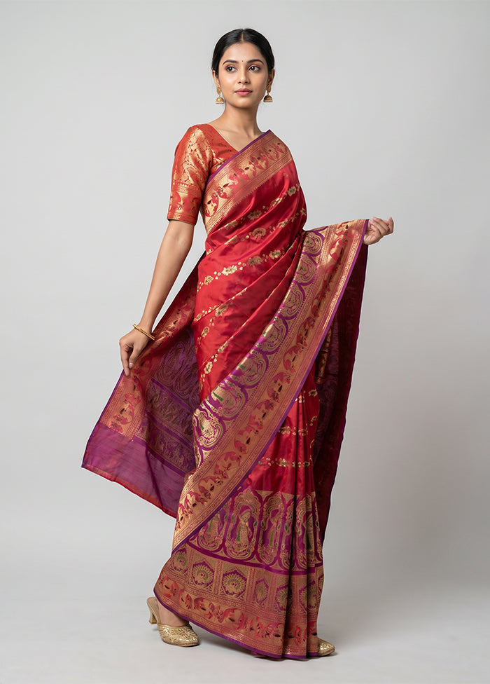 Purple Handloom Baluchari Pure Silk Saree With Blouse Piece