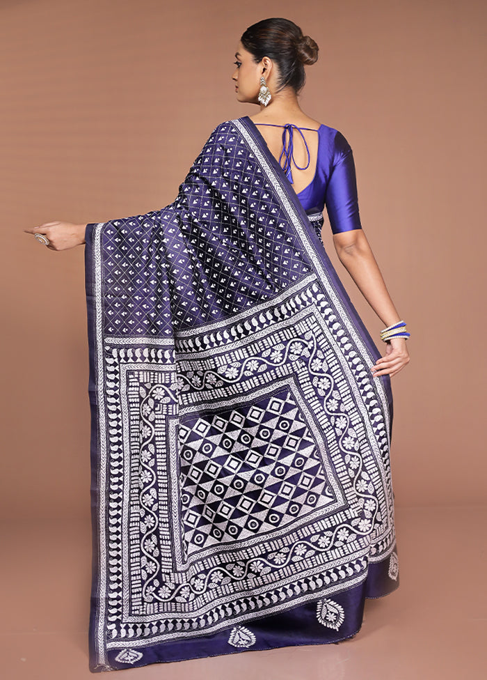 Blue Handloom Kantha Stitch Pure Silk Saree With Blouse Piece