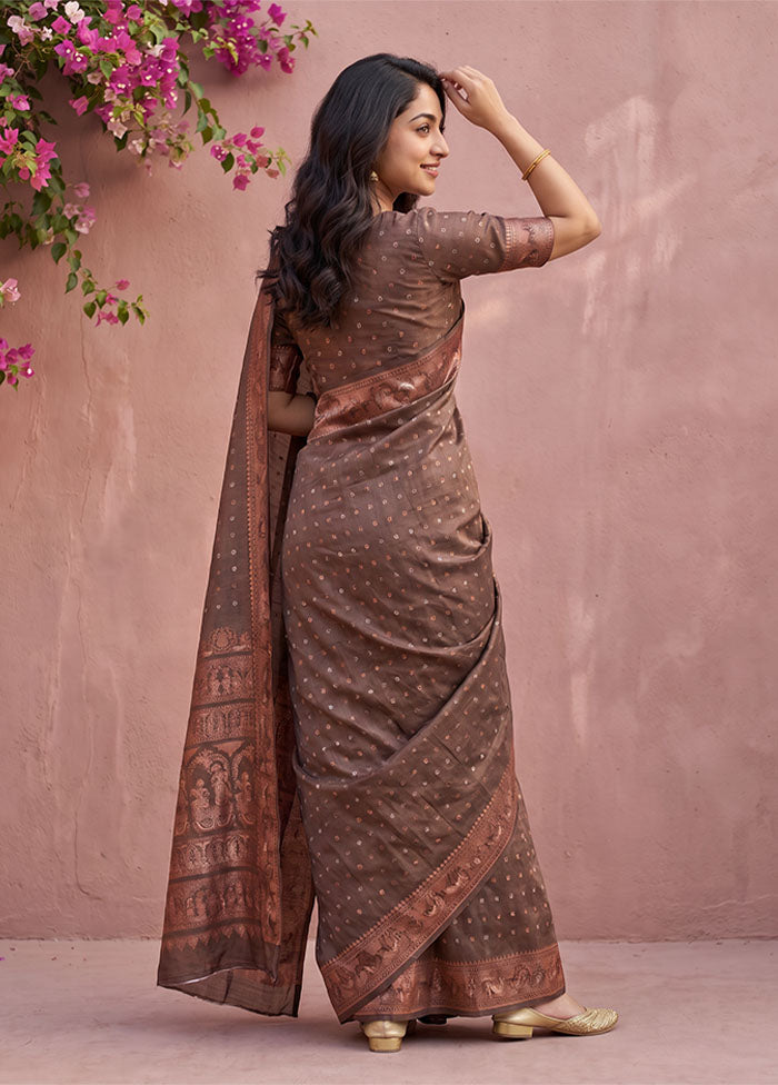 Grey Handloom Baluchari Pure Silk Saree With Blouse Piece