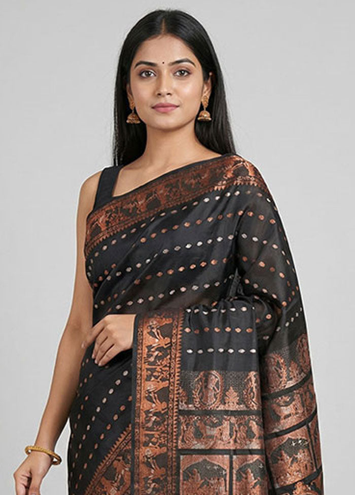 Black Handloom Baluchari Pure Silk Saree With Blouse Piece