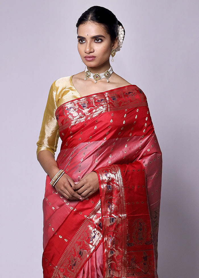 Pink Handloom Baluchari Pure Silk Saree With Blouse Piece