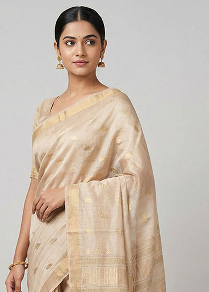 Cream Handloom Tussar Pure Silk Saree With Blouse Piece