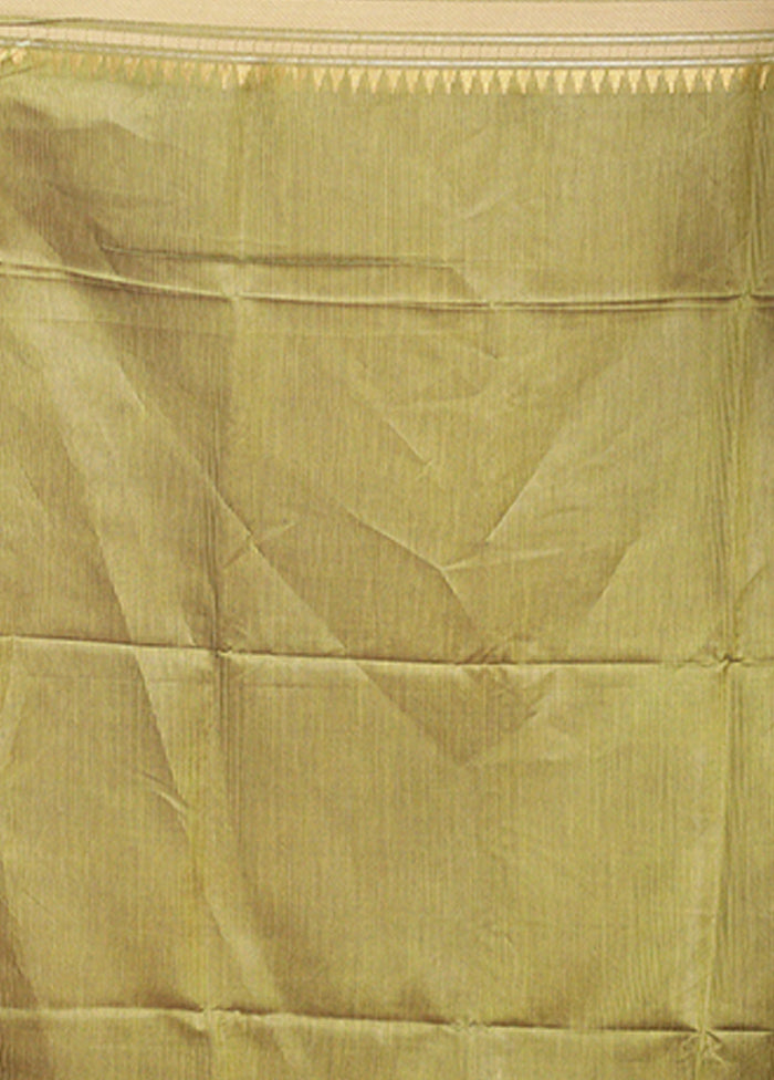 Green Handloom Tussar Pure Silk Saree With Blouse Piece