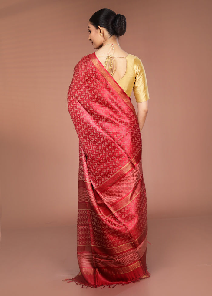 Red Tussar Silk Saree With Blouse Piece