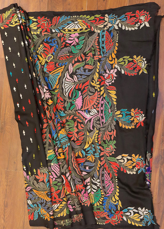 Black Handloom Kantha Stitch Pure Silk Saree With Blouse Piece