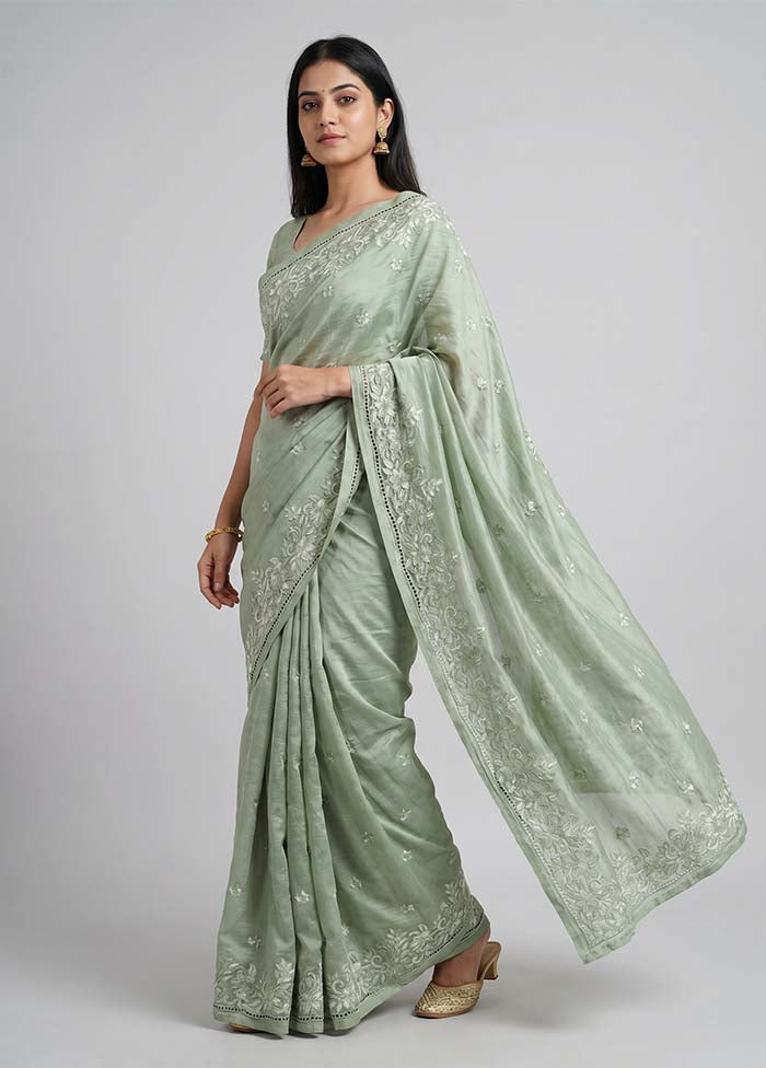 Green Tussar Silk Saree With Blouse Piece