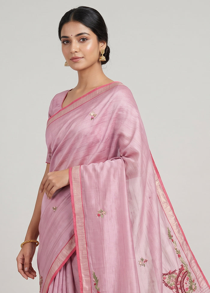 Pink Tussar Silk Saree With Blouse Piece