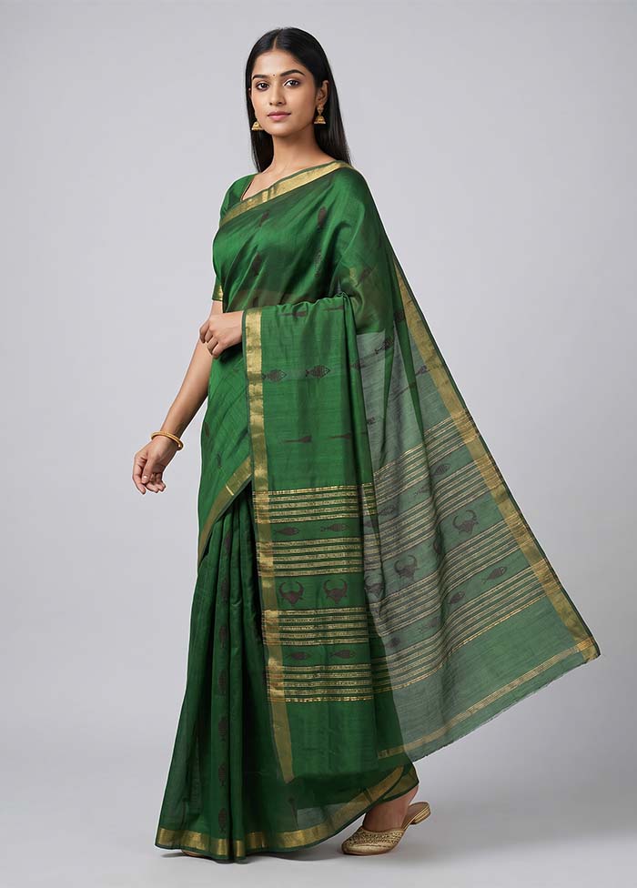 Green Handloom Tussar Pure Silk Saree With Blouse Piece