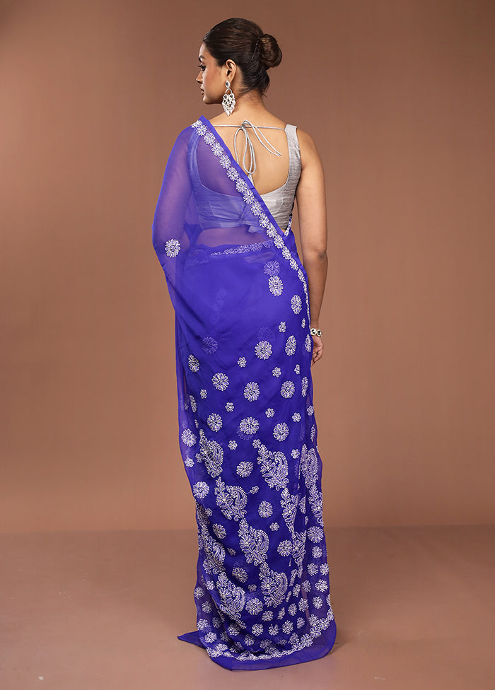 Blue Chikankari Saree With Blouse Piece